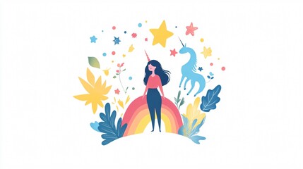Enchanting girl and unicorn in colorful rainbow and star wide angle view