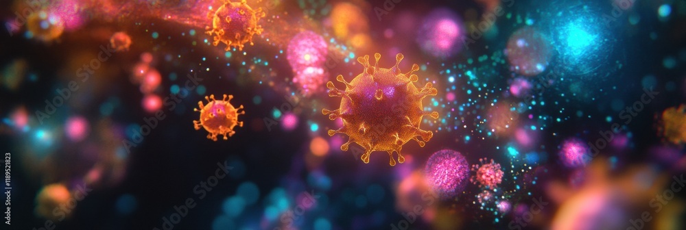 Aufkleber viruses interact with cells in a vibrant microscopic landscape during a cellular invasion process. g