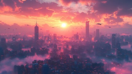 Fototapeta premium A vibrant sunset over a futuristic city skyline filled with clouds.