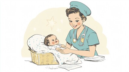 Vintage cartoon illustration of nurse with newborn baby, heartwarming scene