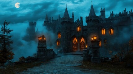 Mystical castle at night, shrouded in fog and moonlight.