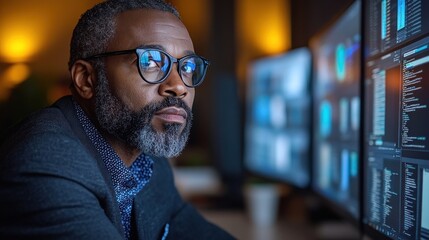 Fototapeta premium Focused man in glasses reviewing data on multiple monitors.