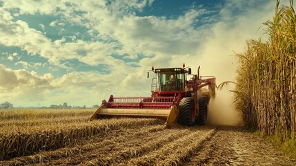 Obraz premium Harvesting Sugarcane: A Rural Landscape Under a Cloudy Sky