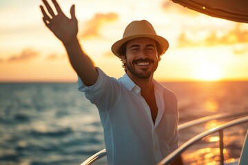 n golden light of a summer sunset, a man in a crisp white shirt and a stylish hat stands on deck of a sleek boat, his beaming smile and enthusiastic wave capturing joy of a carefree adventure, as pan