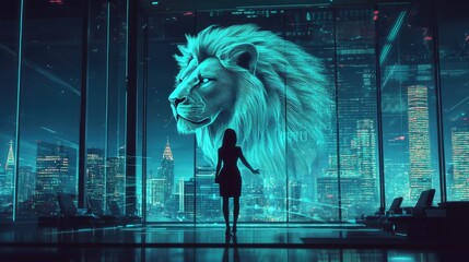 Woman gazing at a majestic lion's head superimposed over a vibrant cityscape at night from a skyscraper.