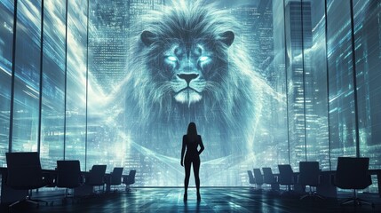 Businesswoman facing a powerful digital lion projection in a futuristic cityscape office.