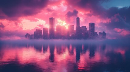 Fototapeta premium A vibrant city skyline reflected in water under a colorful sunset.