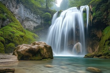 Fototapeta premium waterfall cascading into crystal-clear pool surrounded by mossy rocks and softly blurred foliage