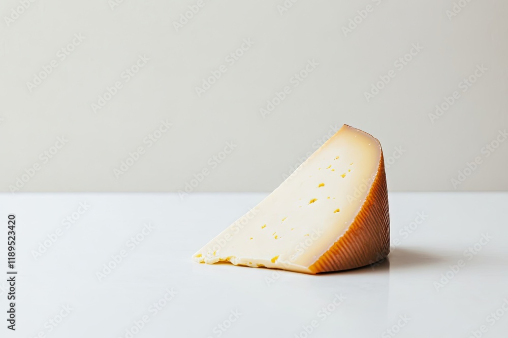 Poster wedge of tangy provolone cheese with its signature smooth texture placed on clean white surface with