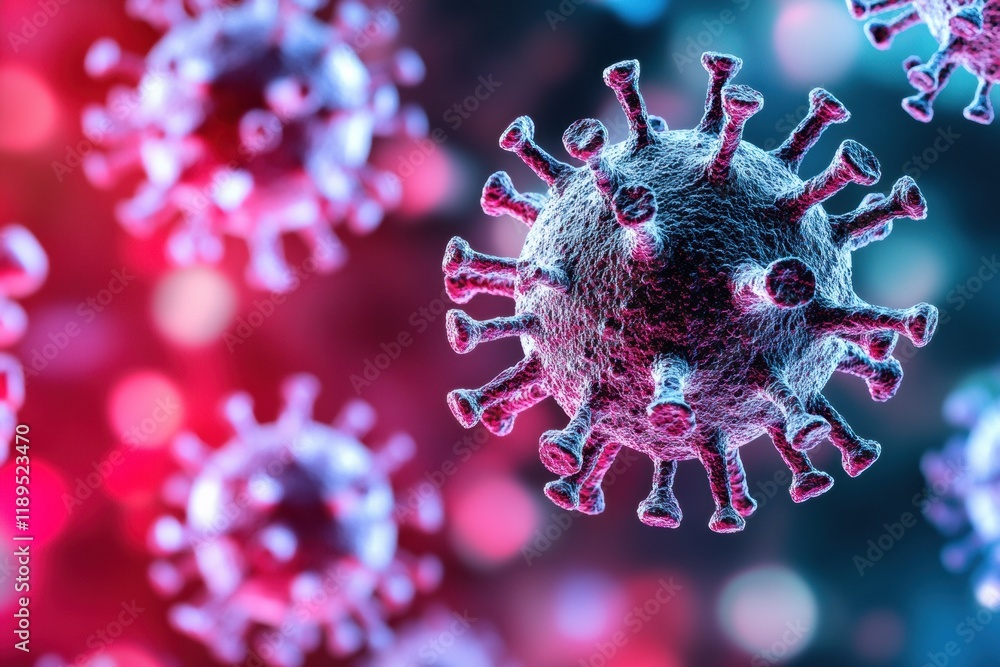 Aufkleber Viruses interact with human cells illustrating the complex dynamics of infection and disease processes in a colorful microscopic view. Generative AI