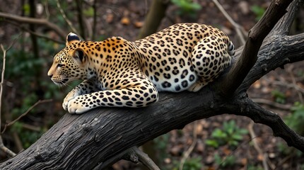 Obraz premium A bright vibrant candid street photography style image of a light tan leopard with black spots lying on a brown gnarled branch, head turned left, blurred forest background, urban scenes, spontaneous m
