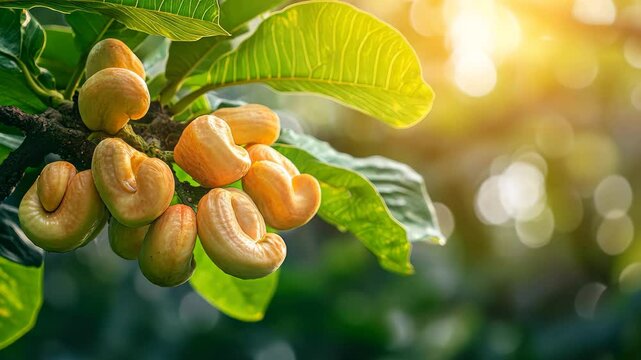 Bright cashew fruit cluster hanging on tree with lush green leaves under warm sunlight, Bright cashew fruit cluster on tree with lush green leaves and blurred background