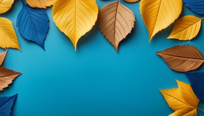 Fototapeta premium yellow and blue autumn leaves forming a border on a blue background