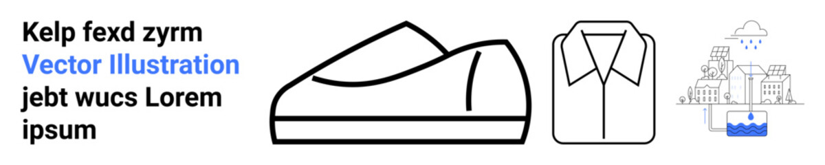 Simple black outlines of a shoe and shirt next to a blue-accented cityscape. Ideal for fashion, apparel, footwear, urban living, digital design, minimalism, and branding. Landing page