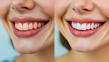 Smiling woman before and after teeth whitening with a soft blue background
