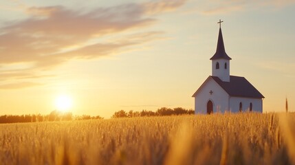 Sunset over wheat field, church. Peaceful rural scene. Faith, hope, serenity