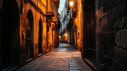 Narrow, stone-paved alleyway in Barcelona at dawn, lit by warm street lamps, with historic buildings lining the sides.