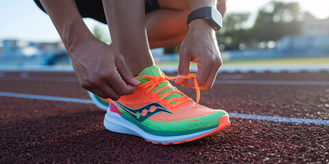 Athlete Tying Running Shoes on Track Before Training.  Close-up of a runner tying neon green and orange running shoes on a red track, preparing for a workout.