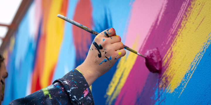 Young Artist Creating Vibrant Street Mural. Close-up of an artist's hand applying a stroke of bright magenta paint to a colorful, abstract mural.