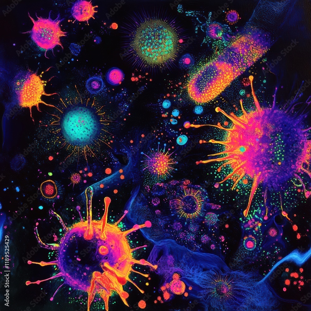Poster colorful depiction of viruses interacting with cells in a vibrant microscopic environment. generativ