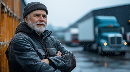 Older Caucasian truck driver standing outdoors in snowy weather next to his semi-truck and a warehouse, copy space