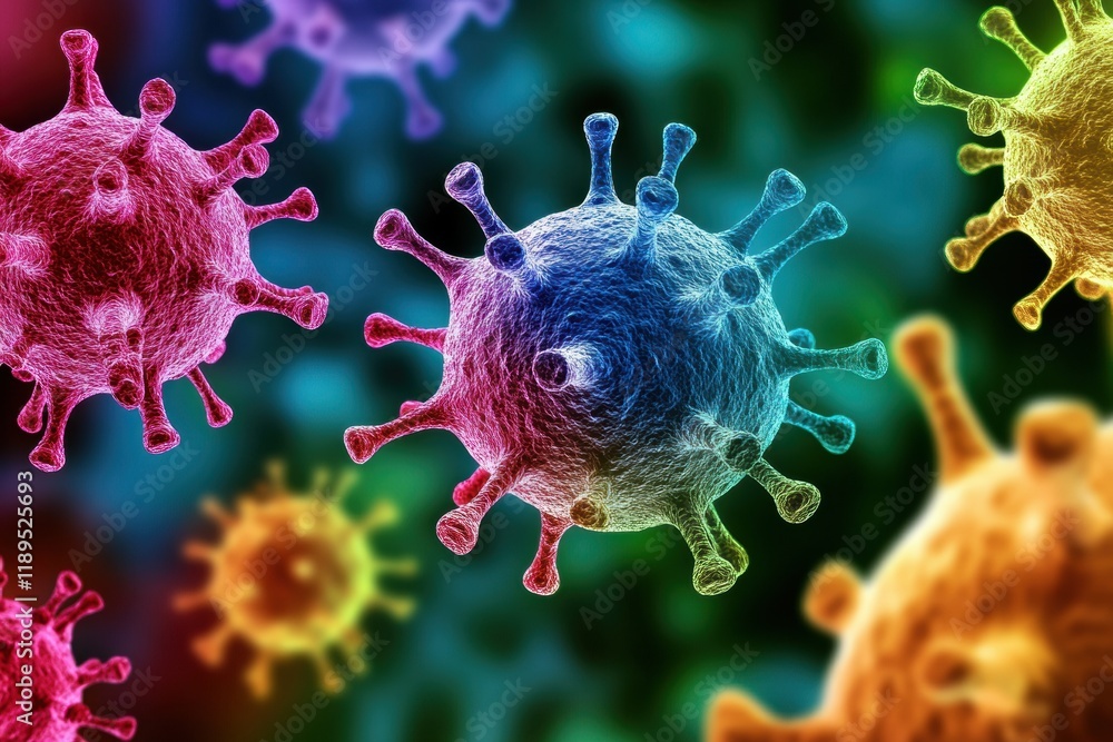 Fototapete viruses engaging with cells in a vivid microscopic environment filled with color and intricate detai