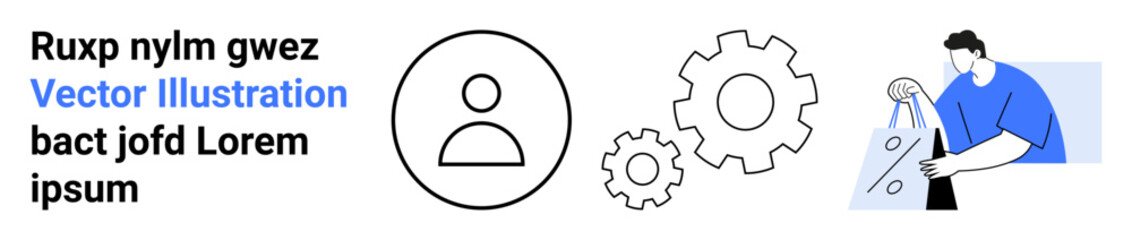 User profile icon, black outline of gears, blue-hued character examining code snippet on paper. Ideal for web design, app development, product management, user interface, settings, technical support