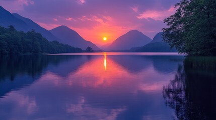 Fototapeta premium Serene sunset over a calm lake, mirrored in still water between majestic mountains.
