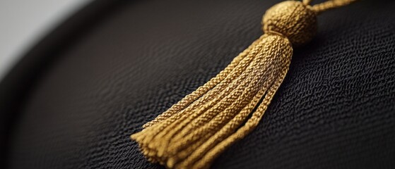 close up of a gold tassel on a black graduation cap