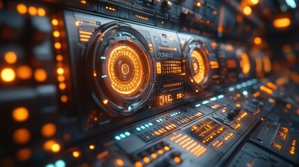 Obraz premium Futuristic control panel with glowing orange lights and intricate details.