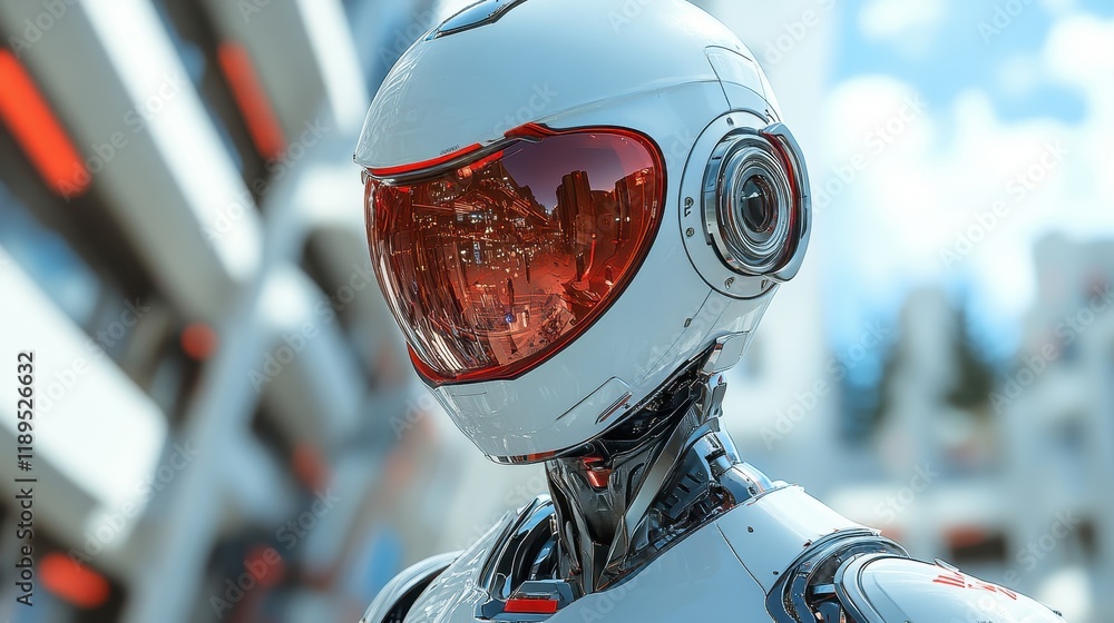 Poster a futuristic robot with a sleek design and reflective visor in a modern setting.