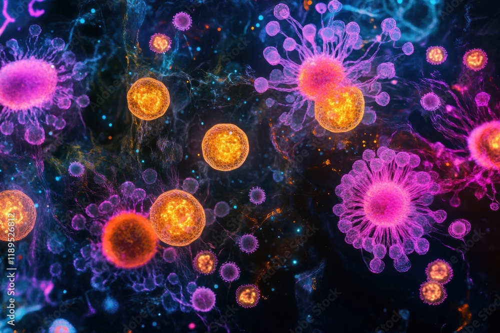 Poster viruses and cells interact in a colorful representation of microscopic activity within a biological 