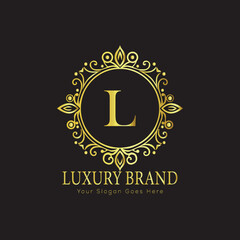 Letter Luxury brand logo design with a royal gold crown emblem and elegant typography
