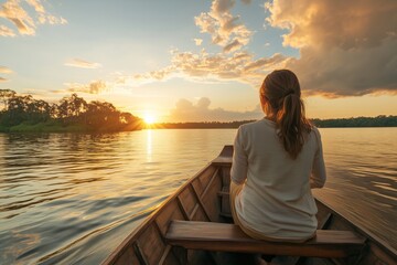Fototapeta premium young woman traveler embarks on a breathtaking longtail boat trip, offering a wide-angle view of stunning island hopping experience in tranquil lake, as golden rays of sunset cast a warm glow