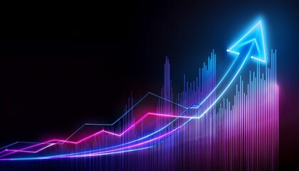 Rising graph in glowing neon colors, brightly shining lines on a dark background