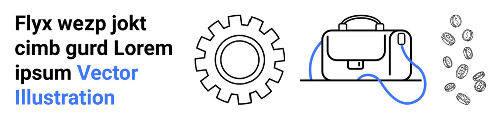 Text elements, bold gear icon, sleek briefcase with blue strap, scattered coins. Ideal for business presentations, financial reports, corporate infographics, educational materials, websites