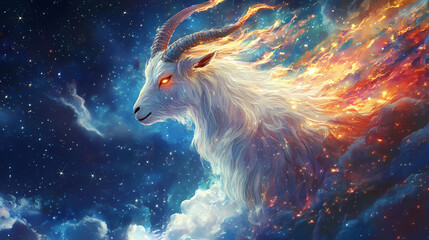 A captivating portrayal of a goat encompassing cosmic light spectacle art, embodying hope and transcendence amidst a visual sea of star-bound wonder. Starbound. Illustration
