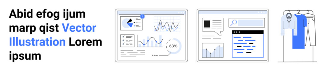 Business performance dashboard, search interface with graphs, and data analysis tools. Ideal for business analytics, data management, office productivity, project planning, digital marketing