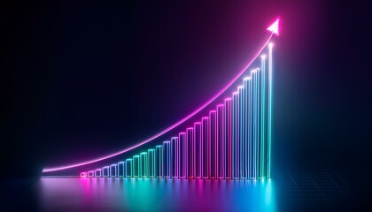 Rising graph in glowing neon colors, brightly shining lines on a dark background