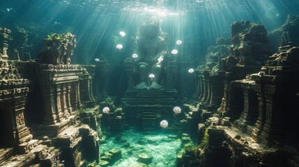 Obraz premium Sunbeams illuminate submerged ancient temple ruins, surrounded by jellyfish.