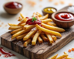 illustration of delicious French fries served on wooden board with ketchup and mustard in wooden bowl garnished with salt