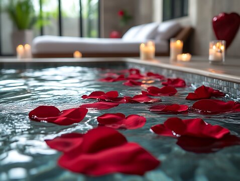 Romantic indoor pool with rose petals.