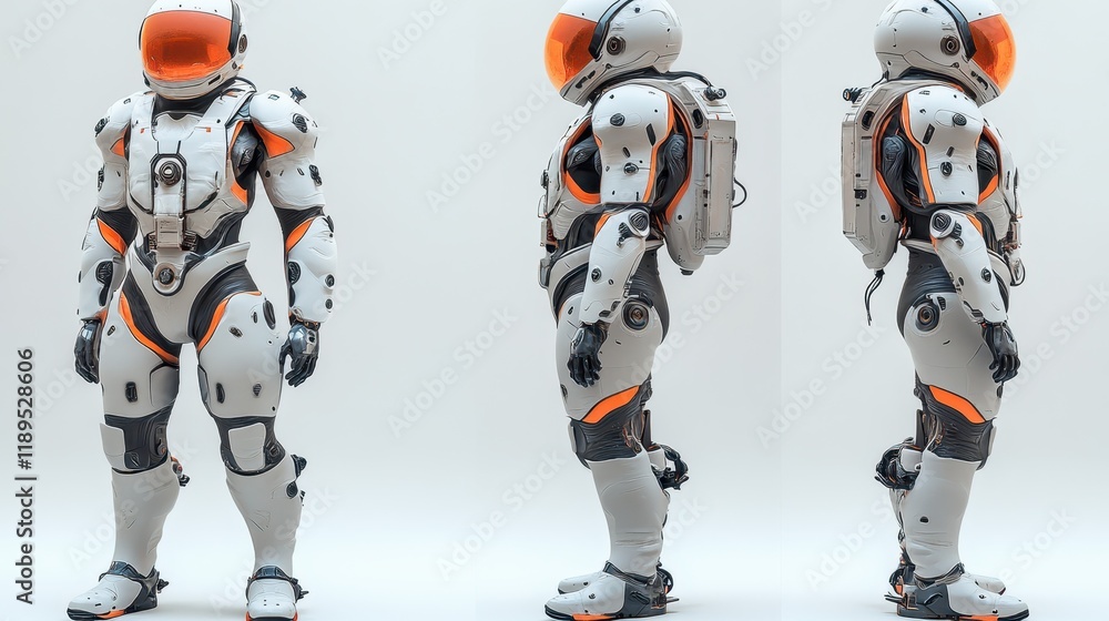 Poster futuristic astronaut suit design showcasing advanced technology and functionality.