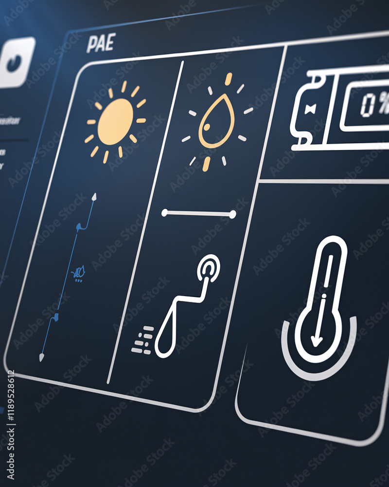 Poster digital control panel interface with weather and energy icons. close-up of a sleek, modern digital c