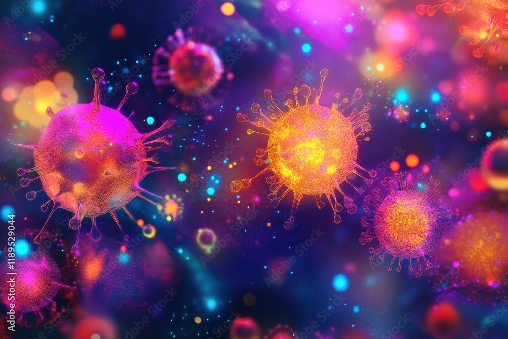 Poster viruses engaging with host cells in a vibrant and colorful microscopic environment of cellular inter