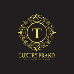 Letter Luxury brand logo design with a royal gold crown emblem and elegant typography
