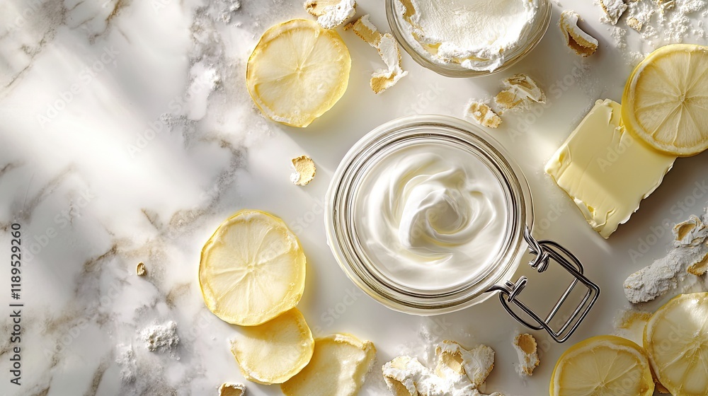 Poster artistic arrangement of dairy elements including jar of cream and slices of butter displayed in clea