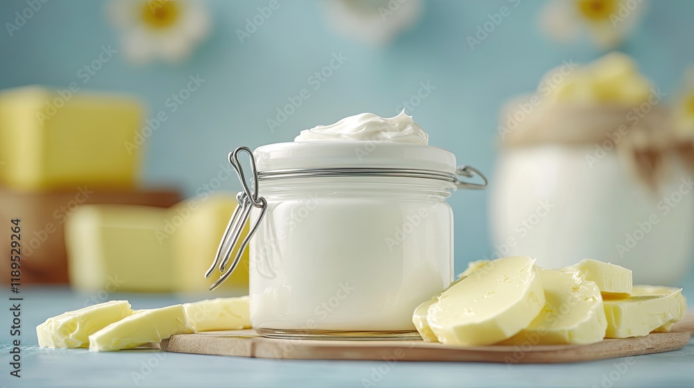 Poster artistic arrangement of dairy elements including jar of cream and slices of butter displayed in clean top-down layout