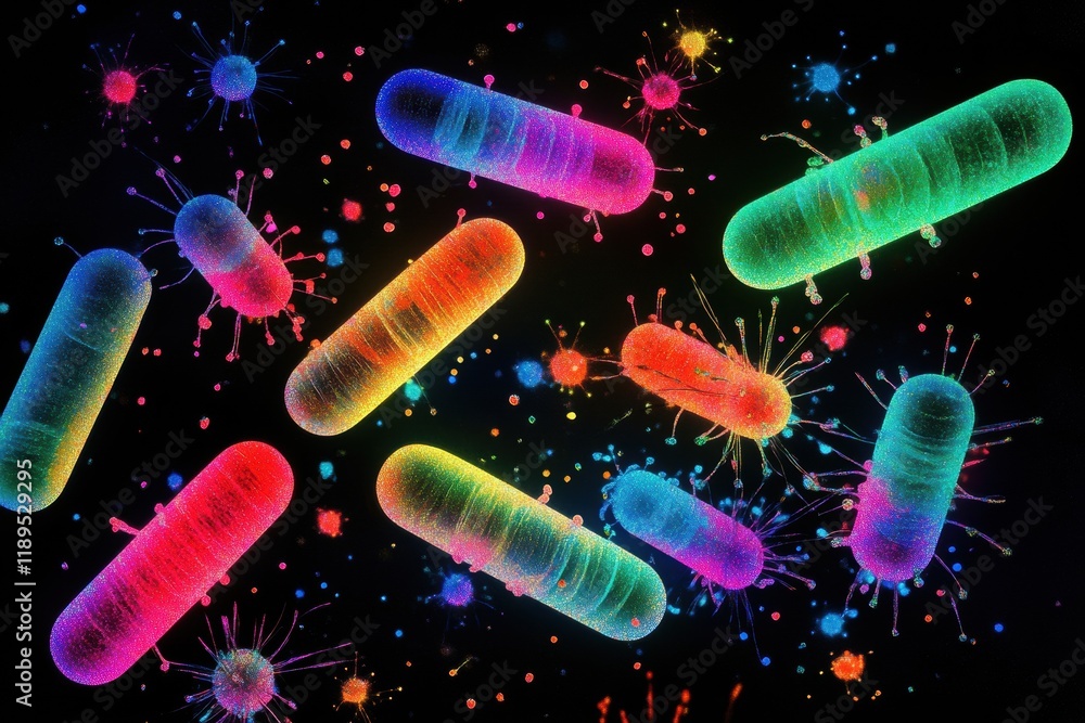 Poster colorful representation of viruses interacting with host cells under microscopic observation in a la
