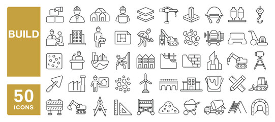 Set of 50 line icons related to build, contractor, engineer, worker, construction, concrete, architecture, crane, equipment, Editable stroke. Vector illustration